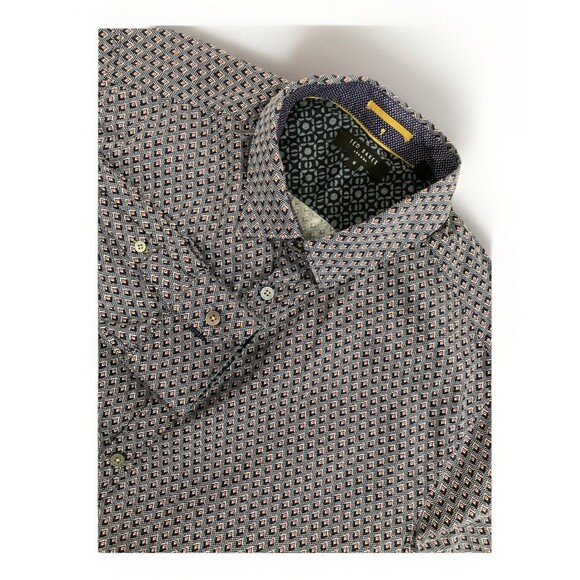 Ted Baker Shirt Men’s 6 Blue Geometric Print Long Sleeve Flip Cuff Designer - Picture 1 of 8